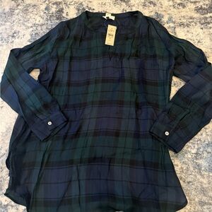 LOFT Blue and Green Plaid Blouse medium petite nwt